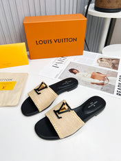 LV 26S FLAT SLIDES IN BLACK CALFSKIN AND BEIGE RAFFIA