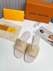 LV 26S FLAT SLIDES IN ASH BEIGE CALFSKIN AND RAFFIA