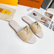 LV 26S FLAT SLIDES IN ASH BEIGE CALFSKIN AND RAFFIA