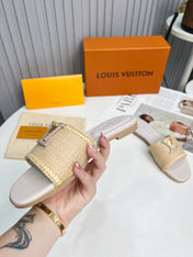 LV 26S FLAT SLIDES IN ASH BEIGE CALFSKIN AND RAFFIA