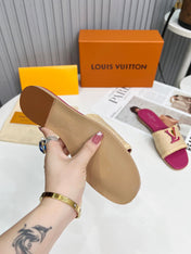 LV 26S FLAT SLIDES IN PINK CALFSKIN AND BEIGE RAFFIA