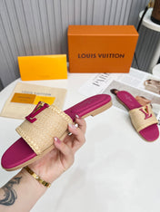 LV 26S FLAT SLIDES IN PINK CALFSKIN AND BEIGE RAFFIA