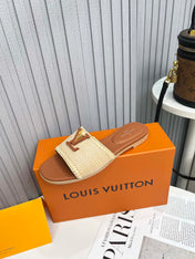 LV 26S FLAT SLIDES IN BROWN CALFSKIN AND BEIGE RAFFIA