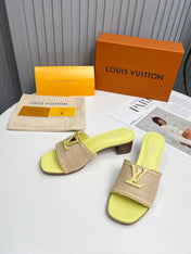LV 26S CAPRI HIGH-HEELED MULES IN LIGHT YELLOW CALFSKIN AND BEIGE RAFFIA