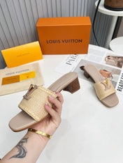 LV 26S CAPRI HIGH-HEELED MULES IN DARK BEIGE CALFSKIN AND RAFFIA