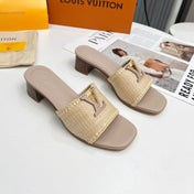 LV 26S CAPRI HIGH-HEELED MULES IN DARK BEIGE CALFSKIN AND RAFFIA