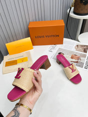 LV 26S CAPRI HIGH-HEELED MULES IN PINK CALFSKIN AND BEIGE RAFFIA