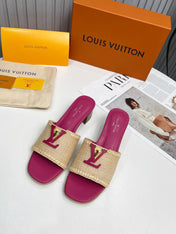 LV 26S CAPRI HIGH-HEELED MULES IN PINK CALFSKIN AND BEIGE RAFFIA