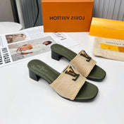 LV 26S CAPRI HIGH-HEELED MULES IN MOSS GREEN CALFSKIN AND BEIGE RAFFIA