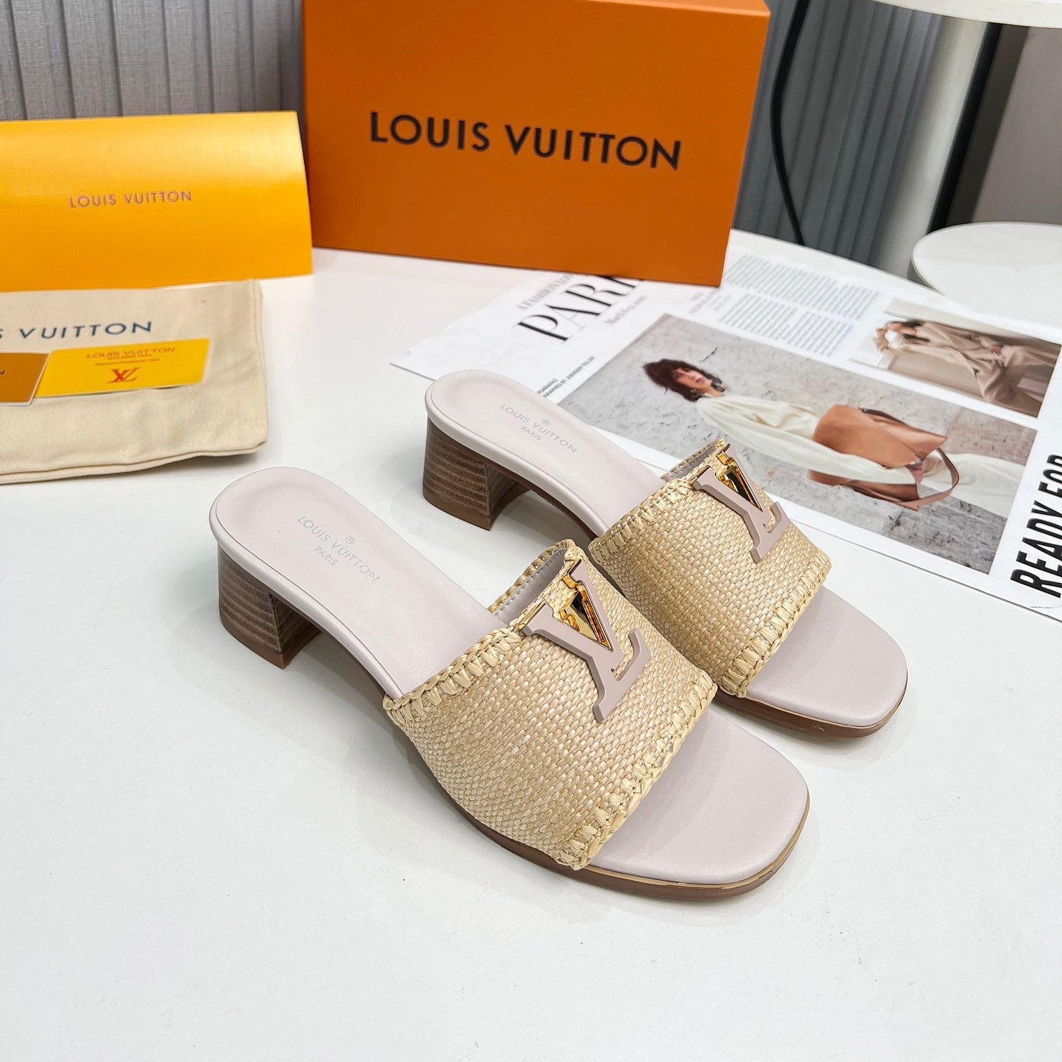 LV 26S CAPRI HIGH-HEELED MULES IN ASH BEIGE CALFSKIN AND RAFFIA