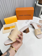 LV 26S CAPRI HIGH-HEELED MULES IN ASH BEIGE CALFSKIN AND RAFFIA