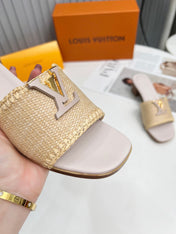 LV 26S CAPRI HIGH-HEELED MULES IN ASH BEIGE CALFSKIN AND RAFFIA