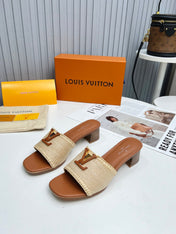 LV 26S CAPRI HIGH-HEELED MULES IN BROWN CALFSKIN AND BEIGE RAFFIA