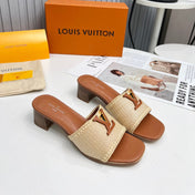 LV 26S CAPRI HIGH-HEELED MULES IN BROWN CALFSKIN AND BEIGE RAFFIA