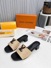 LV 26S CAPRI HIGH-HEELED MULES IN BLACK CALFSKIN AND BEIGE RAFFIA