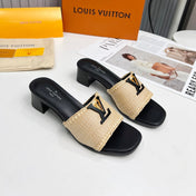 LV 26S CAPRI HIGH-HEELED MULES IN BLACK CALFSKIN AND BEIGE RAFFIA