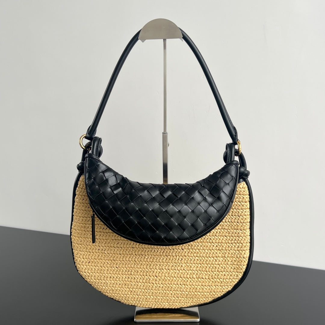 GEMELLI SHOULDER BAG 36 IN BEIGE RAFFIA AND BLACK LAMBSKIN