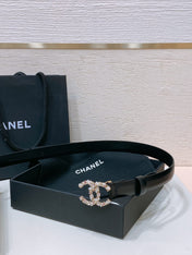 CC BELT 20MM IN BLACK CALFSKIN GOLD HARDWARE ATTACH PEARLS