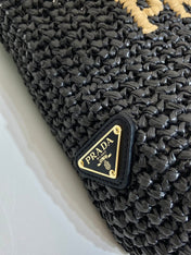 SMALL CROCHET TOTE BAG 24 IN BLACK MIX YELLOW RAFFIA