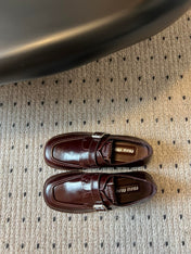 MIUMIU 26S SLIP-ON LOAFERS IN DARK REDDISH BROWN CALFSKIN SQUARE BUCKLE