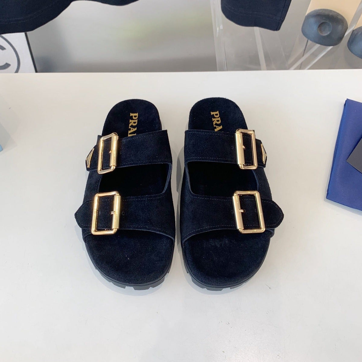 PRA STRAP SLIDES SANDALS DARK BLUE SUEDE