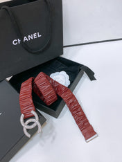 CC ELASTIC BELT 30MM IN WINE RED CALFSKIN SILVER HARDWARE WITH RHINSTONES