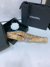 CC ELASTIC BELT 30MM IN GOLD CALFSKIN SILVER HARDWARE WITH RHINSTONES