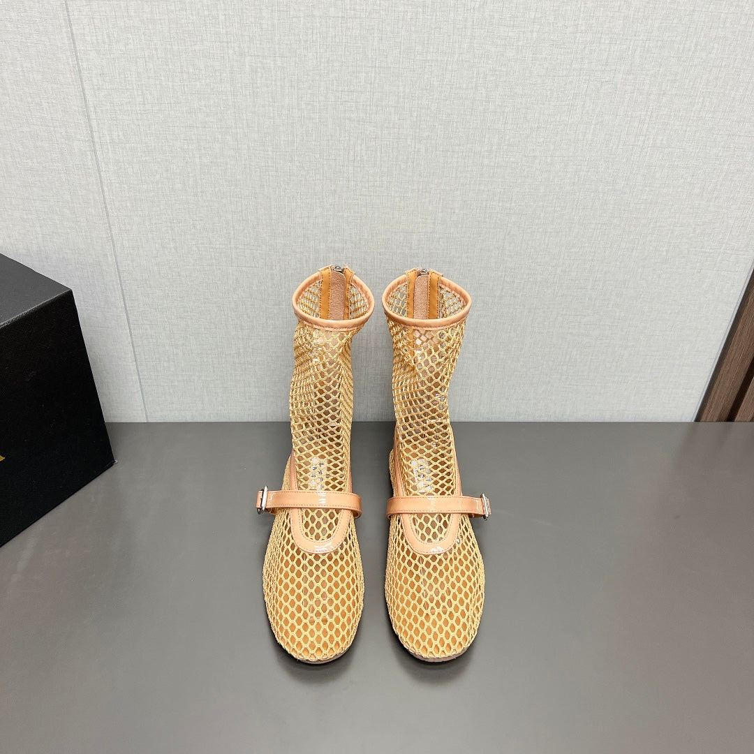 ALAIA SHORT BOOTS IN BEIGE MESH FISHNET