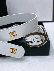 CC 30MM BELT IN WHITE SMOOTH CALFSKIN WHITE MIX BLACK METAL LOGO GOLD HARDWARE