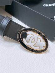 CC 30MM BELT IN BLACK SMOOTH CALFSKIN WHITE MIX BLACK METAL LOGO GOLD HARDWARE