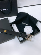CC BELT 30 MM IN BLACK CALFSKIN PEARL LOGO WITH GOLD HARDWARE
