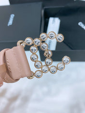 CC BELT 30 MM IN ALMOND BEIGE CALFSKIN PEARL LOGO WITH GOLD HARDWARE