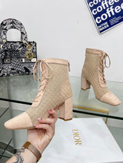 NAUGHTILY-D HEELED ANKLE BOOT IN BISQUE BEIGE EMBROIDERED MESH AND SUEDE 8 CM