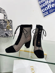 NAUGHTILY-D HEELED ANKLE BOOT IN BLACK EMBROIDERED MESH AND SUEDE 8 CM