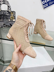 NAUGHTILY-D HEELED ANKLE BOOT IN BISQUE BEIGE EMBROIDERED MESH AND SUEDE 35 MM