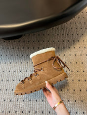 MIUMIU 26S LACE-UP ANKLE BOOTS IN CARAMEL BROWN SUEDE AND WOOL