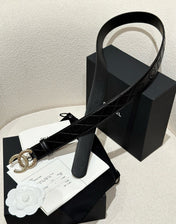 DOUBLE C BELT 30MM IN BLACK CALFSKIN EMBOSSED LOGO GOLD BUCKLE