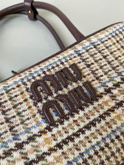 BEAU TOP HANDLE BAG 27 IN BEIGE TARTAN AND COCOA BROWN LEATHER TRIM