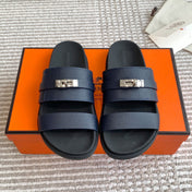 HM 26S KELLY BUCKLE DOUBLE STRAP SANDALS IN NAVY BLUE CALFSKIN SILVER HARDWARE