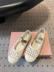 MIUMIU 26S BALLERINA FLATS IN CREAM WHITE MESH SHEEPSKIN