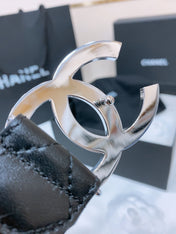 DOUBLE C 38MM IN BLACK QUILTED LAMBSKIN SILVER BUCKLE