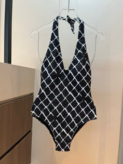 CC BIKINI SWIMSUIT SET IN WHITE CHECKERED PRINT ON BLACK BACKGROUND 624545