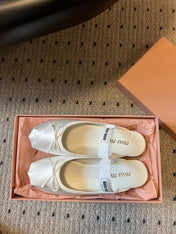 MIUMIU 26S BALLET MULES IN WHITE CREAM SATIN WITH BOW