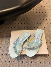 JIMMY CHOO 26S CRYSTAL THONG SANDALS 45 MM IN PASTEL BLUE SATIN AND LAMBSKIN