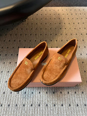 MIUMIU 26S LOAFERS IN CARAMEL BROWN SUEDE