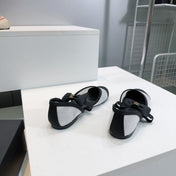 CHANEL FLAT MARY JANE SHOES 25S IN WHITE MIX BLACK MESH FABRIC EMBOSSED LOGO WITH BOW