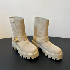 PRADA 25S PLATFORM ANKLE BOOTS IN BEIGE SUEDE WITH GOLD HARDWARE