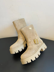 PRADA 25S PLATFORM ANKLE BOOTS IN BEIGE SUEDE WITH GOLD HARDWARE