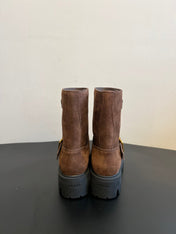 PRADA 25S PLATFORM ANKLE BOOTS IN BROWN SUEDE WITH GOLD HARDWARE