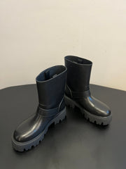 PRADA 25S PLATFORM ANKLE BOOTS IN BLACK CALFSKIN WITH SILVER HARDWARE